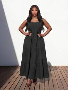Truni Plus-Size Women's Black Summer Boho Backless Dress, Casual Sleeveless Ruffled Hem Vacation Holiday Spring 2026 Carnival Outdoor Wear - Black - View 3