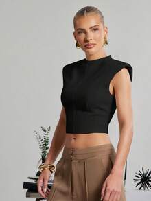 Hauture Women's Old Money Business Office Stand Collar Backless Sleeveless Top Gold Metal Closure - Black - View 5