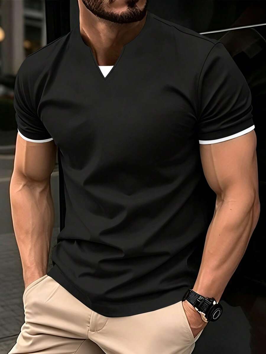 Manfinity CasualCool 男士撞色翻领短袖休闲日常T恤,夏季 - 黑色 - 查看 1