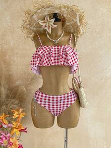 Soleia Conjunto de Maiô Bikini Bandeau com Babados Xadrez Vermelho & Branco, Roupa de Banho Estilo Garota Doce Retrô de Cintura Alta para Férias - Vermelho e Branco - Visão 4