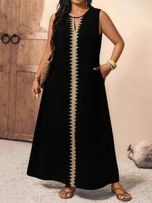 EMERY ROSE Plus Size Women Woven Tape Splice Loose Sleeveless Dress - Black - View 3