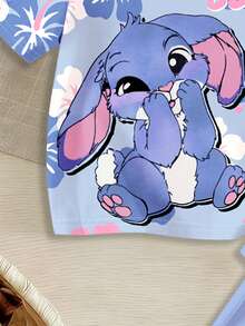 夏季家庭套裝 少女可愛卡通藍兔 Lulu Stitch 花卉圓領寬鬆短袖 T-shirt 緊身褲 2 件套 - 彩色 - 查看 4