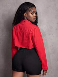 Slaydiva Women's Denim Jacket, Solid Color Short Style With Frayed Hem, Fashion For Summer - Red - View 3