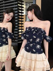 DAZY Áo blouse nữ ôm sát trễ vai bèo nhún thêu hoa - Màu xanh hải quân - Xem 7