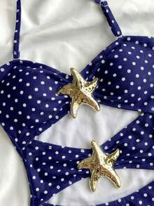 SHEIN Tween Girls' Summer Beach Vacation Navy Blue Polka Dot Print Halter Metal Starfish Decor One-Piece Swimsuit - Blue - View 5