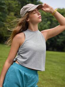 Exploreva Exploreva 女款夏季戶外運動灰色無袖背心上衣，立領設計，側縫扭轉不對稱下擺設計，適合女款夏季服裝、夏季上衣、女款夏季穿搭、女款健身服、女款休閒上衣、女款運動服 - 淺灰色 - 查看 1