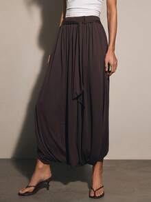 COSMINA Damen einfarbige Hose mit Twist-Taille, weites Bein, locker geschnitten, Laternenbein - Braun - Übersicht 1