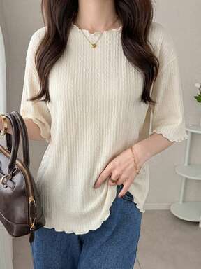 FRIFUL Women's Wavy Striped Loose Contrast Trim Short Sleeve T-Shirt, Summer Casual Wear
