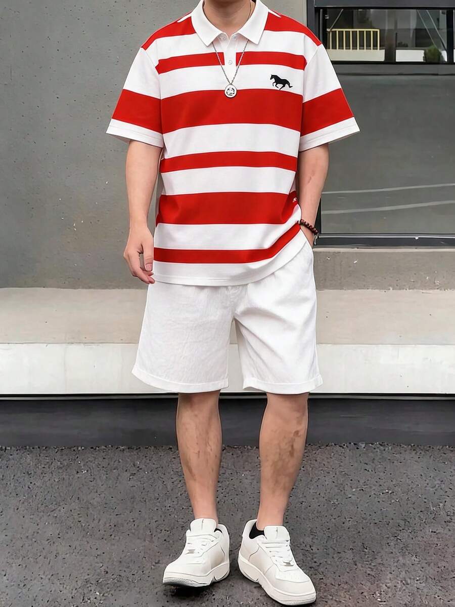 SHEIN 2pcs/Set Teen Boy Casual Color Block Polo Shirt & Shorts Set,Summer,Beach Resort Wear Preppy Two Pieces Outfit,Suitable For Schooling & Daily Wear - Multicolor - View 1