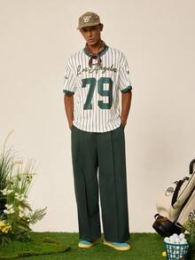 Tonviero Men's Solid Color Toothpick Stripe Design Loose Fit Casual Pants Wide Leg Pants - Army Green - View 3