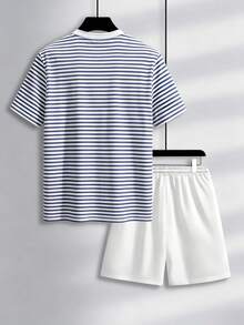 Manfinity RSRT Men's Fitted Striped Print Crew Neck Short Sleeve T-Shirt And White Drawstring Waist Shorts Casual Suit - Multicolor - View 2