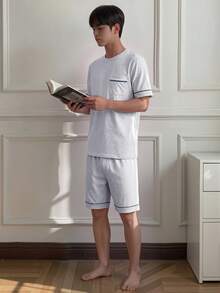 Napfluff Men's Knit Crew Neck Short Sleeve Shorts Pajama Set With Contrast Trim - Light Grey - View 6