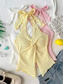SHEIN Áo tank top kiểu racerback ôm dáng, thoải mái, thường ngày cho bé gái tuổi teen. - Màu vàng - Xem 4