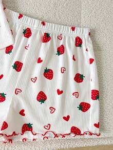 SHEIN 少女休闲草莓爱心图案修身吊带背心和短裤家居服套装，适合夏季穿着 - 紅白色 - 查看 9