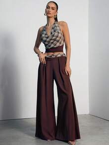 Hauture Women's Sexy Casual Office Plaid Waist Wide Leg Pants, Daily Commute, Old Money, Sophisticated Pants For Work, Brunch, Baby Showers, Weddings - Multicolor - View 2