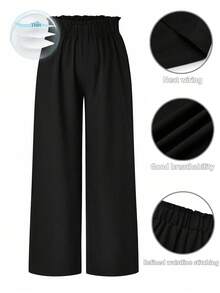 SHEIN LUNE Plus Size Nữ Màu Trơn Eo Co Giãn Quần Ống Rộng Có Viền Xù - màu đen - Xem 1