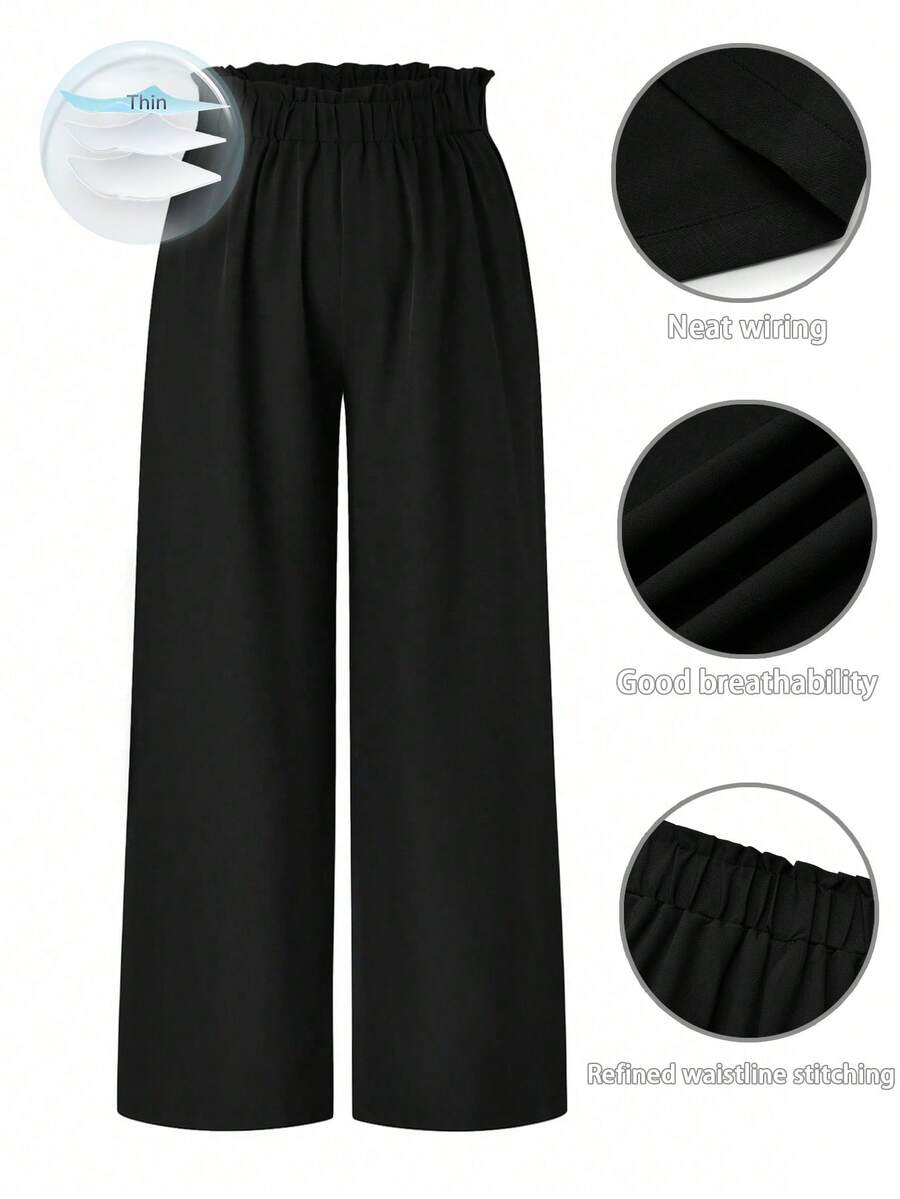 SHEIN LUNE Plus Size Nữ Màu Trơn Eo Co Giãn Quần Ống Rộng Có Viền Xù - màu đen - Xem 1