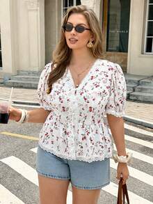 Easura Plus Size Women's Elegant Curve Kawaii Casual Ditsy Floral V-Neck Puff Sleeve Cinched Waist Loose Blouse, Versatile Summer Shirt Vacation White - Apricot - View 6