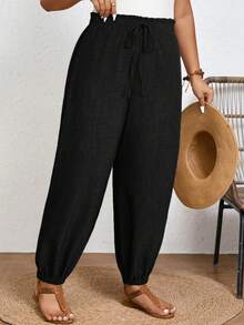 SHEIN Frenchy Summer Vacation Women's Tropical Print Knot Front High Waisted Long Pants - Black - View 8