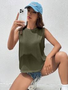 SHEIN Essnce Women's Solid Color Round Neck Casual Versatile Tank Top - Army Green - View 6