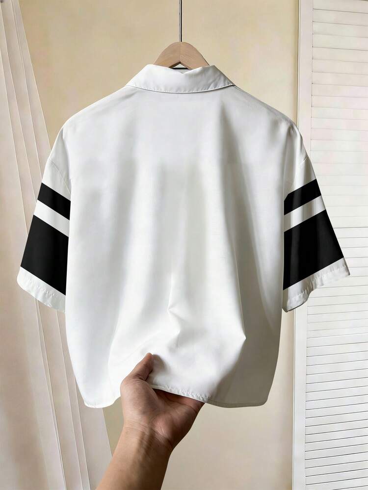 Manfinity Hypemode 男士黑白条纹短袖衬衫，简约黑白条纹短袖衬衫，男士休闲撞色衬衫，春夏男士度假衬衫，条纹马印花时尚衬衫 - 彩色 - 查看 2