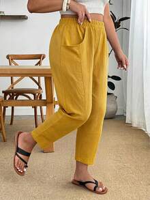 Enliva Plus-Size Women's Summer Casual Cropped Trousers, With Pockets, Suitable For Vacations, Outings, Commuting, And Many Other Occasions. Fall - Yellow - View 7
