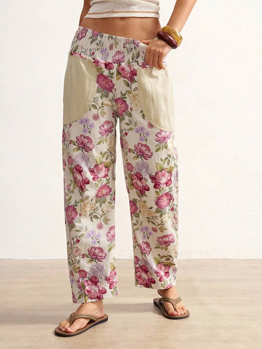 Bohemela Quần ống thẳng nữ kiểu dáng thường ngày, họa tiết hoa toàn thân, cạp chun, phối nhiều mảnh, túi xéo. - màu đen - Xem 1