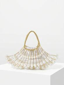 MOTF LADIES HANDBAG, PEARL HANDMADE DINNER BAG - Beige - View 3