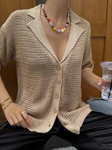Livesso Cardigan estivo da donna color kaki, stile casual ampio per vacanze & pendolarismo, tessuto a maglia traforata, maniche corte con colletto stile scuola - Albicocca - Visualizzare 8