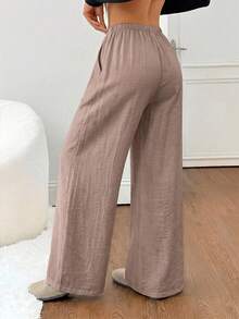 SHEIN PETITE 女款黑色純色亞麻低腰直筒休閒長褲，適合小個子女性，春夏秋季穿著 - 淺灰紫 - 查看 2