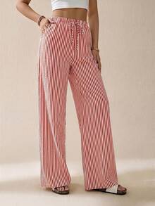 SHEIN Tall Striped & Printed Casual Daily Wear Women Spring/Summer Long Pants - Red - View 5