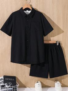 SHEIN Conjunto de 2 peças Camisa de Manga Curta Texturizada Versátil e Shorts para Meninos Adolescentes, Conjunto de 2 Peças Meninos Preto Shorts Adequado para Primavera/Verão, Uso Diário, Esportes, Passeios, Escola, Festas, Festivais, Sessões de Fotos - Preto - Visão 6