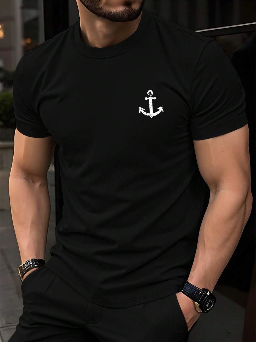 Manfinity Homme 男士锚图案黑色圆领短袖T恤，夏季款 - 黑色 - 查看 1
