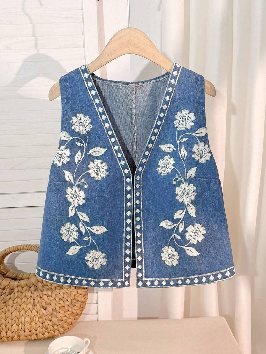 Comfortcana Blusa de mezclilla con estampado geométrico y floral para mujer de talla grande - Lavado ligero - Ver 1