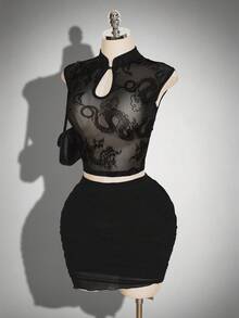 SHEIN ICON Women's Sexy Hollow Out Neck Sheer Mesh Dragon Print Fitted Cropped Sleeve T-Shirt, Autumn Club Night Black - Black - View 4