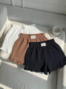 Comfortcana Set 3 Potong Celana Pendek Wanita Kasual Warna Polos dengan Tekstur dan Detail Ruffle di Bagian Bawah - MultiWarna - View 11