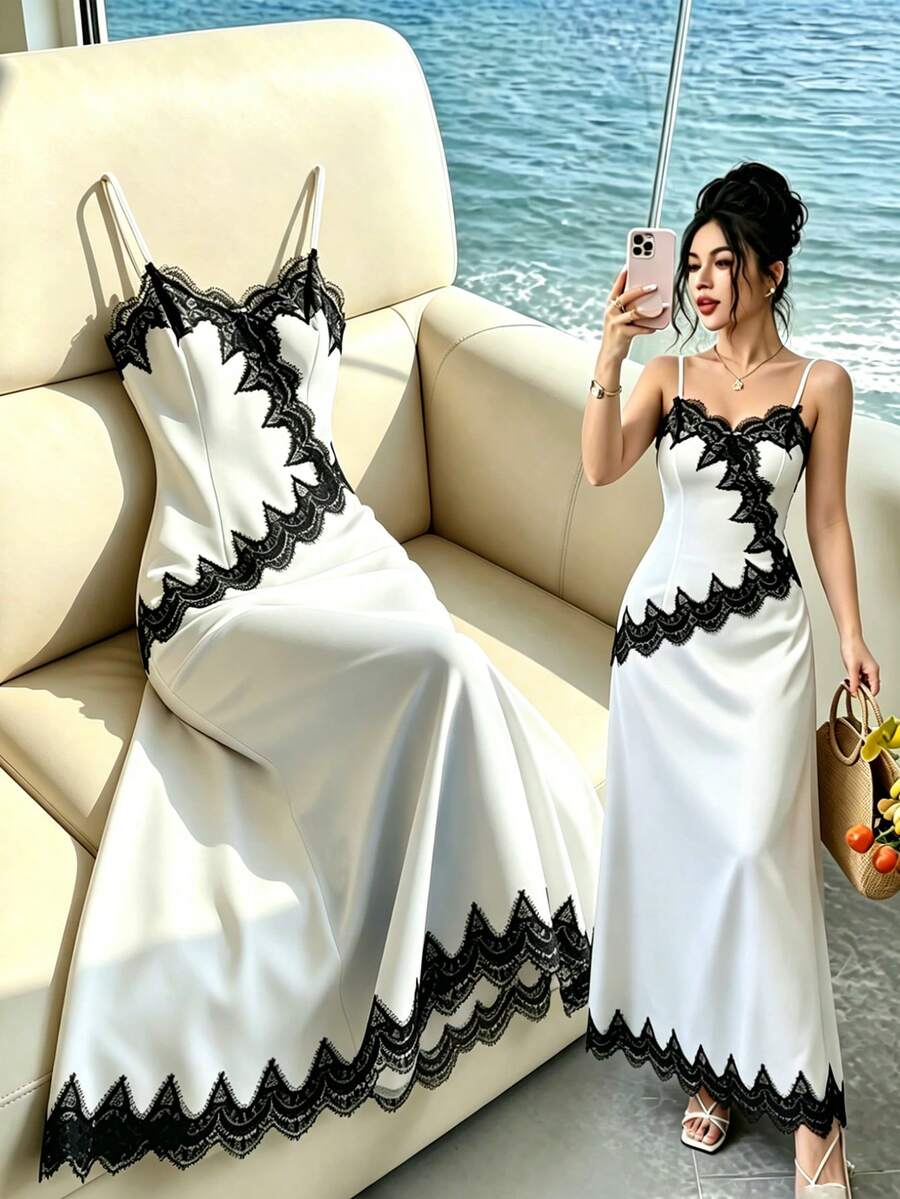 Selianne Conjunto de Saia Minimalista Estilo A-Line com Recortes de Renda Sem Mangas, Adequado para Encontros, Reuniões, Aniversários, Primavera/Verão - Damasco - Visão 1