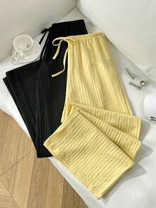 Sweetra Y2K Casual Vacation Versatile Collegiate Textured Wide Leg Pants - Black - View 2