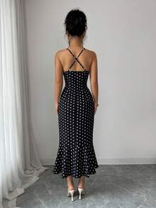 Raffinéa 2026 Nuevo vestido de verano con tirantes de espagueti y lunares para mujer, vestido largo retro elegante con cuello de encaje, volantes en la cintura y cola de, vestido de fies - Blanco y Negro - Ver 7