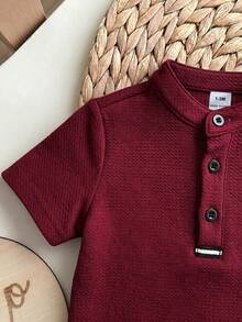 Newborn Baby Boy Cute Collegiate Style Knit Red Short Sleeve Top And Elastic Waist Shorts Set - Burgundy - View 8