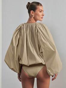 Hauture 女士蓬蓬长袖V领连体衣性感办公服 - 米色 - 查看 2