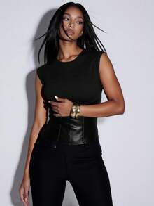Normani 女款黑色圓領PU皮革拼接修身背心，時尚無袖上衣，適合秋季外出與性感夜晚穿搭 - 黑色 - 查看 5