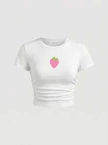 Tween Girls Printed T-Shirt & Leggings 2 Pieces Set, Casual Daily Fashion Versatile Pink Strawberry Pattern, Pink Checkered Strawberry Print - Multicolor - View 3