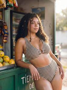 Swim Vcay Bikini de talla para mujer 2026 con decoración de anillo delantero, escote en V, tela especial minimalista y casual, conjunto de 2 piezas de moda para vacaciones en la playa - Caqui - Ver 4