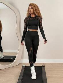 BamGleam Flocked & Mesh Patchwork Drawstring Hoodie And Pants Seamless Sports Suit Workout Women Set Women Leggings Set - Black - View 4