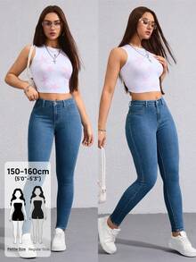 SHEIN PETITE Women's Skinny Elastic Pastal Denim Jeans, Summer Casual Sexy Everyday Chic Elegant Solid All Match Street Style Petite Fitted Casual Wear Swimming - Dusty Blue - View 1