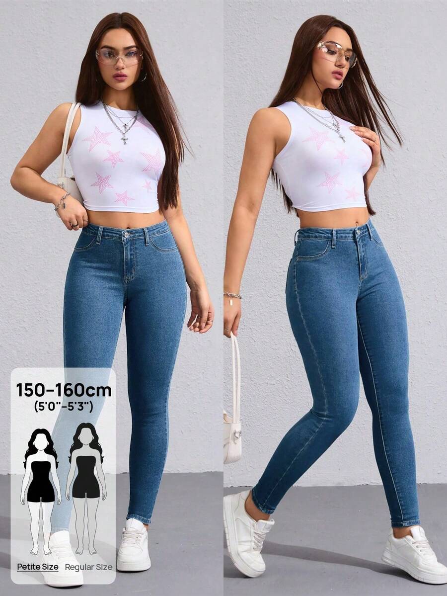 SHEIN PETITE Women's Skinny Elastic Pastal Denim Jeans, Summer Casual Sexy Everyday Chic Elegant Solid All Match Street Style Petite Fitted Casual Wear Swimming - Dusty Blue - View 1