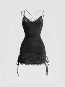ROMWE Y2K Sexy Charming Avant Lace Patchwork Mesh Ruched Waist Bodycon Mini Dress For Women - Black - View 5