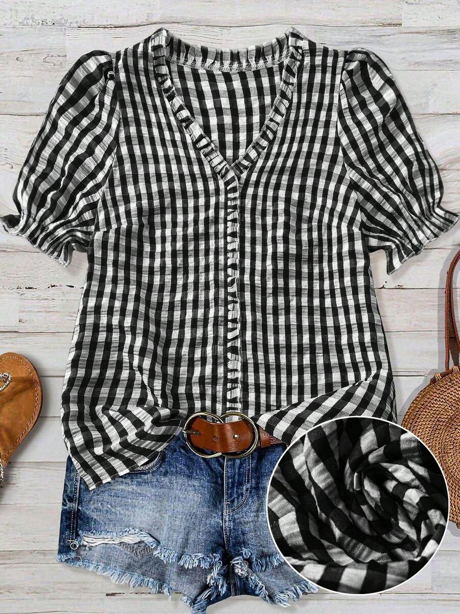 Linhara Plaid Ruffle V-Neck Blouse For Women, Puff Sleeve Casual Top, Plus Size Summer New Arrival - Black and White - View 1