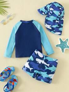 SHEIN Unisex Baby 3pcs/Set Blue Cute Shark Pattern Long Sleeve Rash Guard Swimsuit And Sun Protection Hat Set, Suitable For Beach, Swimming, Vacation Summer - Multicolor - View 4